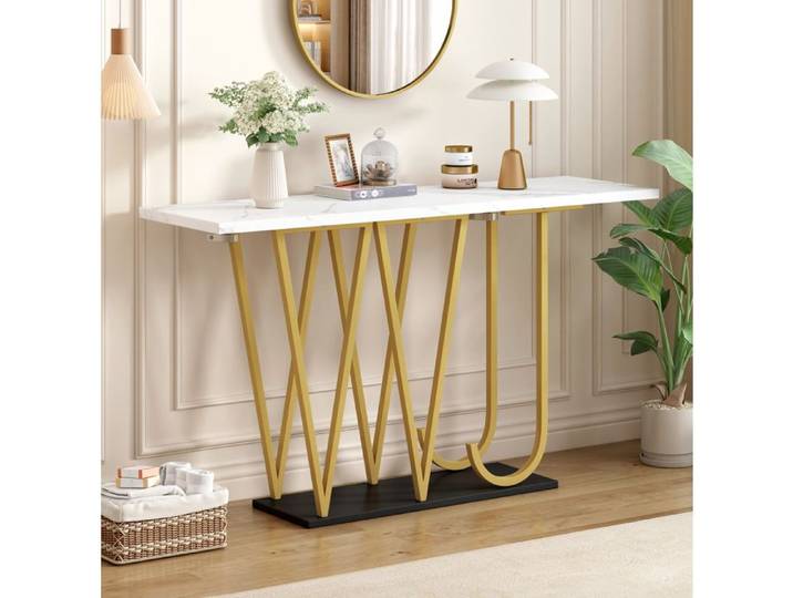 Console table d'entrée – 120 cm – Blanc effet marbre – Métal doré – MDF