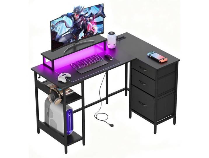 Bureau d'angle - DEVAISE - 123 × 80 × 75 cm - 3 tiroirs & rangement - Ports USB prises et LED