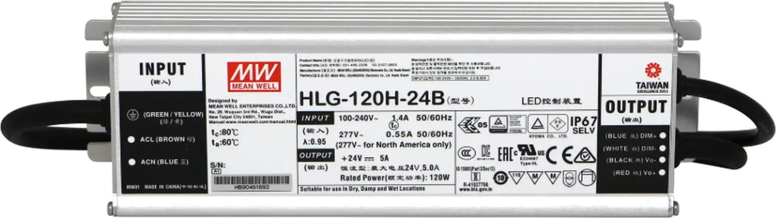 Mean Well LED-voeding schakelnetvoeding IP67 120W 24V/5A dimbaar