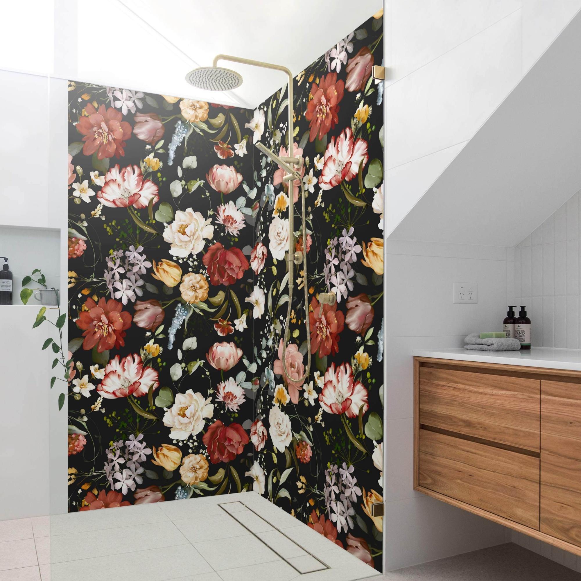 Duschrückwand originell selbstklebend - 0.61 mm Wandpaneel wasserfest Rose schwarz Aquarell Badrückwand fugenlos Premium matt 110x210 cm