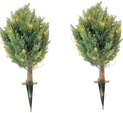 YUN "30"" Artificial Cypress Topiary Tree, UV Resistant Faux Shrub with Ground Spikes - With light"