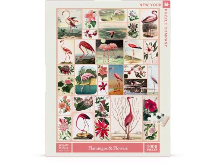 New York Puzzle Company - Vintage afbeeldingen Flamingo's en bloemen - 1000 stukjes puzzel
