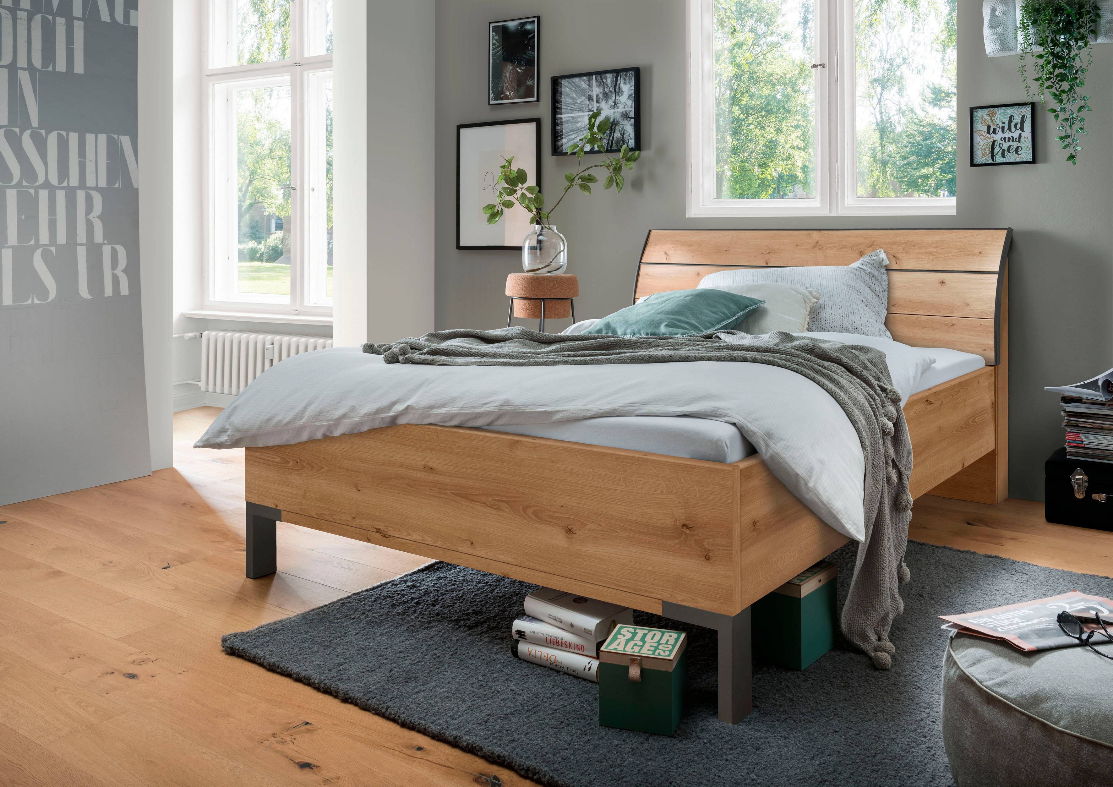 Futonbett WIEMANN "Monaco, 4-fache Liegehöhenverstellung", braun (bianco, eiche, nachbildung, leisten in schiefer), B:169cm L:218cm, Betten, Futonbett, mit stilvollem Holzkopfteil, Made in Germany bianco, eiche, nachbildung, leisten in schiefer Liegefläch