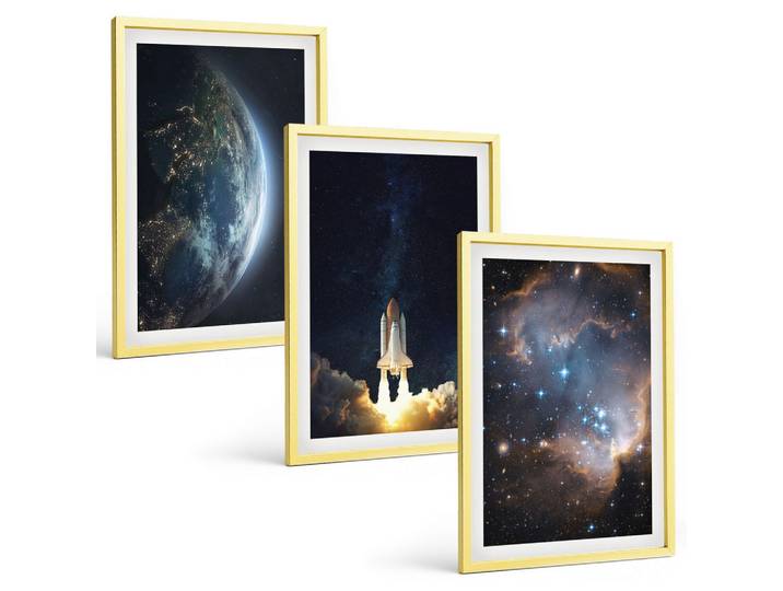 BILDER SET 3er Set - 40x60 cm Goldrahmen - Weltraum Erde Rakete Galaxie