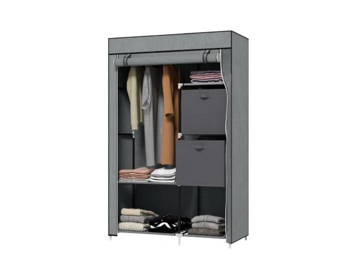 HOMCOM Kleiderschrank mit Schubladen 102 x 42,5 x 162,5 cm Dunkelgrau Stoffschrank, Kleiderstange, Reißverschluss, Stoffkleiderschrank, Faltschrank, für Schlafzimmer, Ankleidezimmer