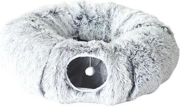 Uplift Essentials Plush Donut Cat Tunnel Bed Round Convertible Play Labyrinth With Hanging Toy Balls & Washable Peekaboo Hiding Cave grey