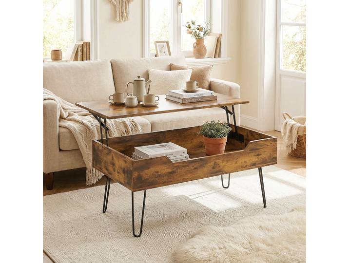 HOMCOM Table Basse Bois Réglable Rangement 95x50cm Marron Rustique