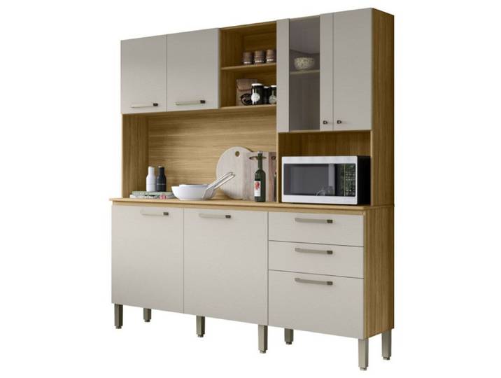 Buffet 7 Portes 2 Tiroirs 12 Niches Chêne et Blanc Ecru Gaufré L 182 H 191 P 53.3 cm - L 182 x l 53.3 x H 191 cm
