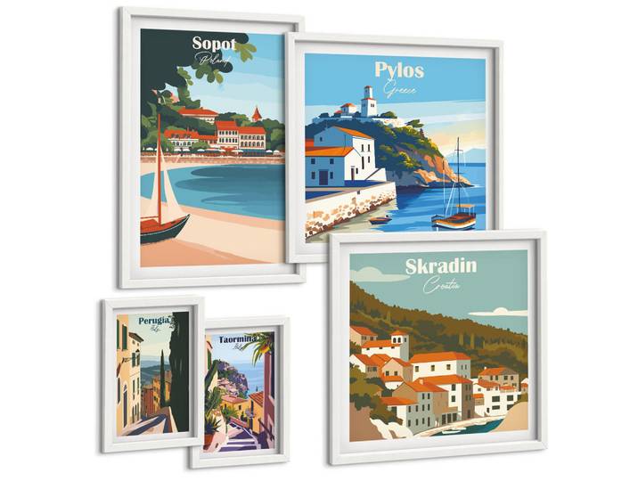 Tulup Bilder SET 5er Set - 50x50 cm & 20x30 cm & 40x60 cm Weißer Rahmen - Retro-Landschaften im malerischen Stil, Kunststoff, Rechteckig, 40x60 cm, Fotografie, Bilder & Rahmen, Bilder