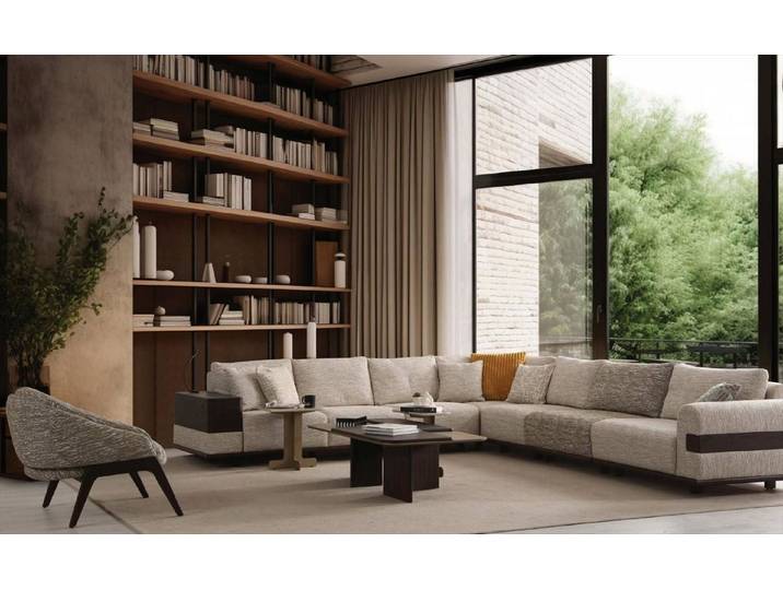 JVmoebel Ecksofa Ecksofa L-Form Sessel Set Beige Braun Modern Stoff Holz Wohnzimmer, 2 Teile, Ecksofa L-Form