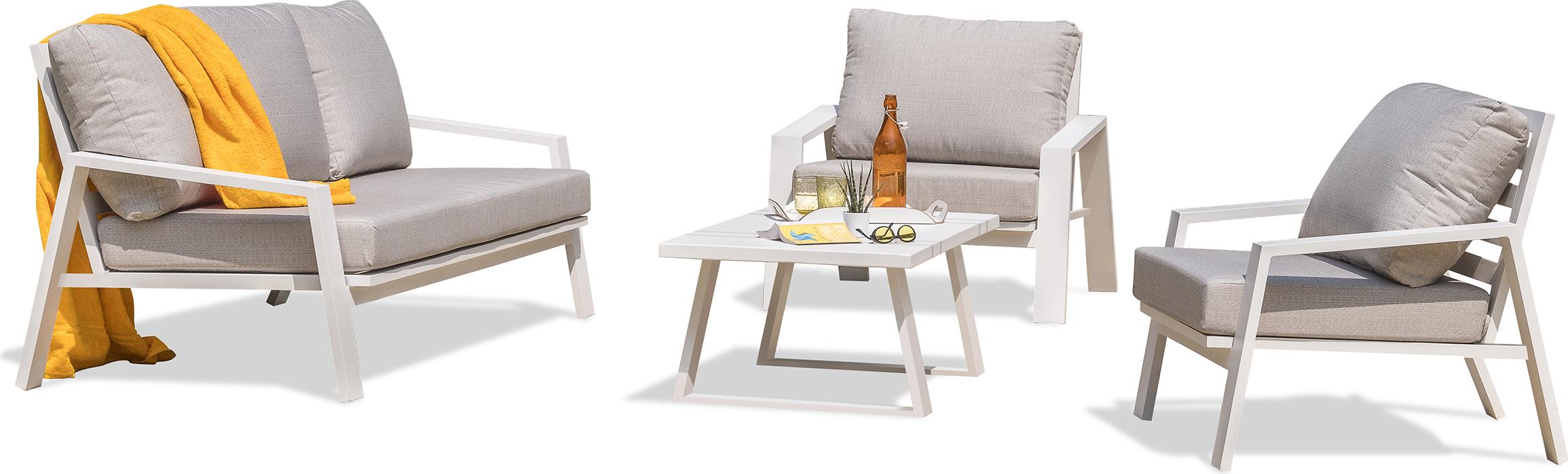 PARIS GARDEN IBIZA Lounge-Set für 5 Personen: 3-Sitzer, 2 Sessel & rechteckiger Couchtisch, weißes Aluminium, cremefarbene Polster