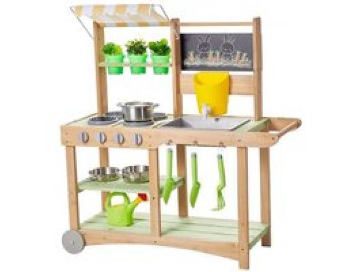 VEVOR Cuisine à Boue 88 cm Cuisine Patouille Extérieur Enfant pour Jouer avec Eau Sable, en Bois, avec Pots Plantation, Cuillères, Évier, Auvent Pare-soleil, Roues Pivotantes, Casseroles, Accessoires