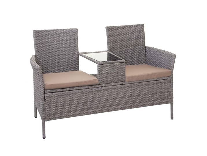 POLY-RATTAN SITZBANK MIT TISCH Hellgrau, Beige