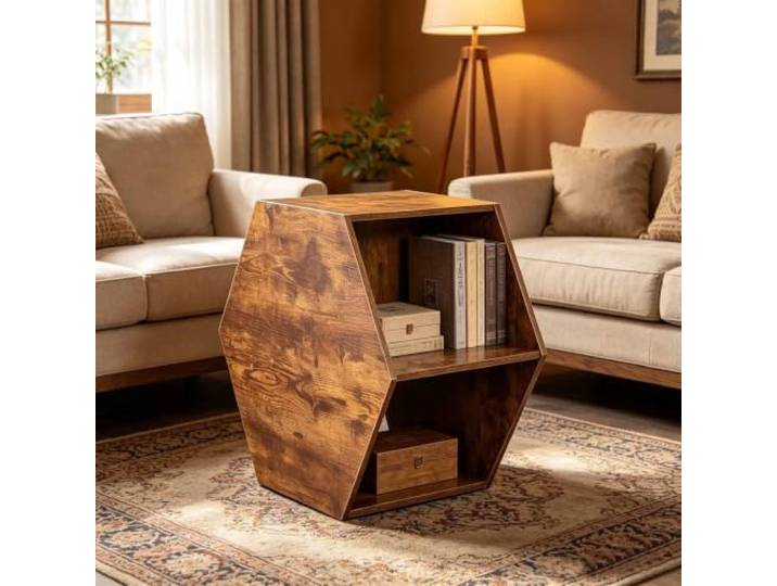 Moderner Beistelltisch aus Holz mit Geometrischem Polygon-Design und Ablage Vielseitiger Beistelltisch mit geometrischem Polygon-Design und offener Ablage für Wohnzimmer, Sofa, Leseecke, Schlafzimmer
