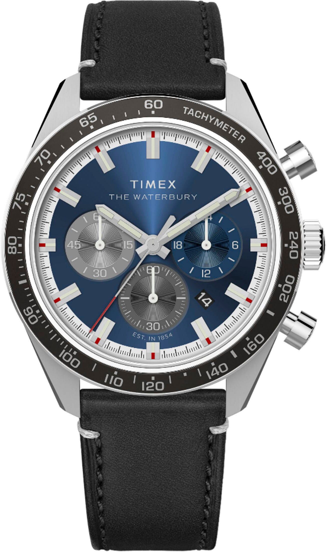 Chronograph TIMEX "WATERBURY TRADITIONAL", schwarz, Armbanduhren, Herren, Chronograph, Quarzuhr, Armbanduhr, Herrenuhr,Lederarmband,Stoppfunktion,Datum