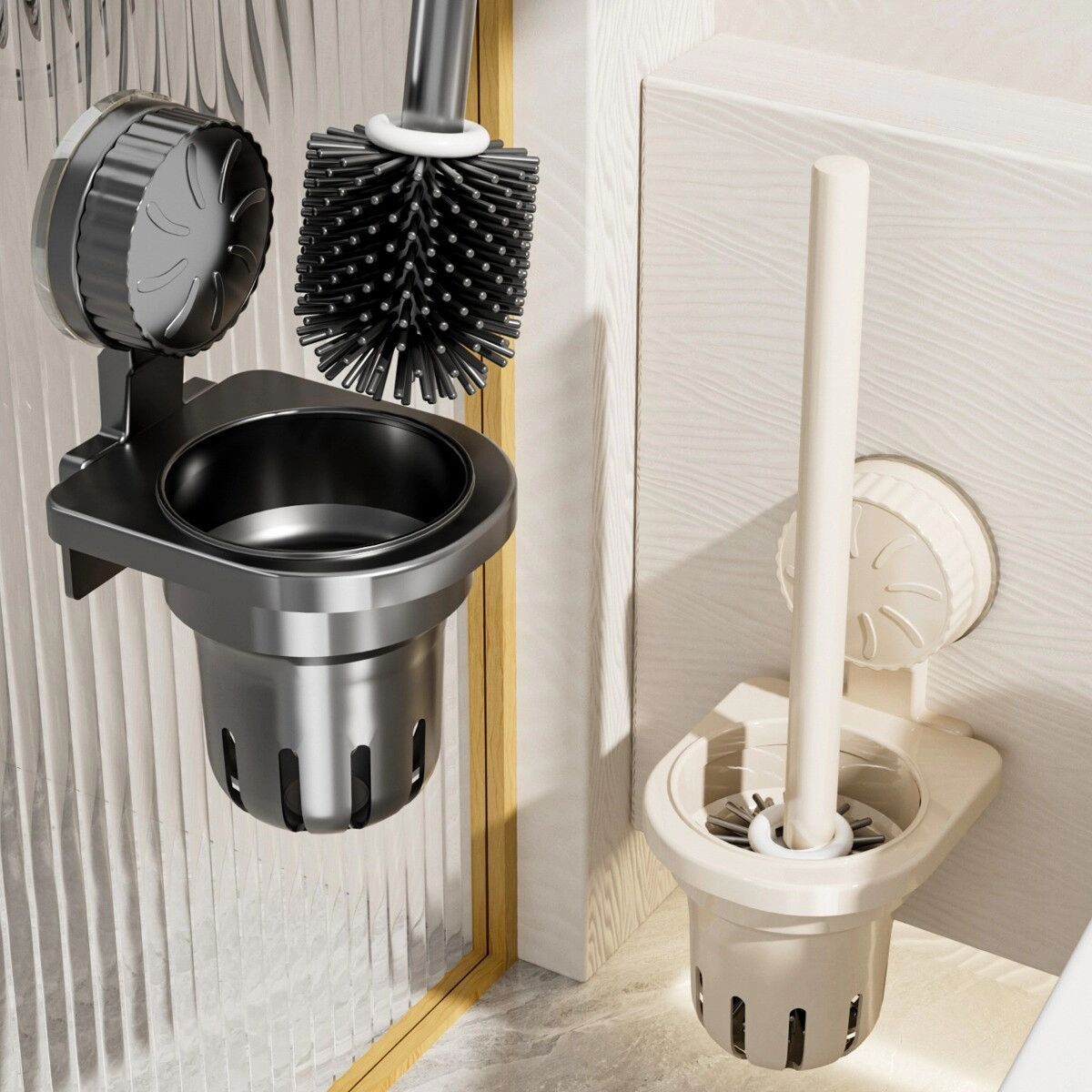 INF Porte-brosse WC à ventouse - Ensemble brosse en silicone mural, Alliage d'aluminium+ABS, Drain ventilé, Fixation forte, Titane