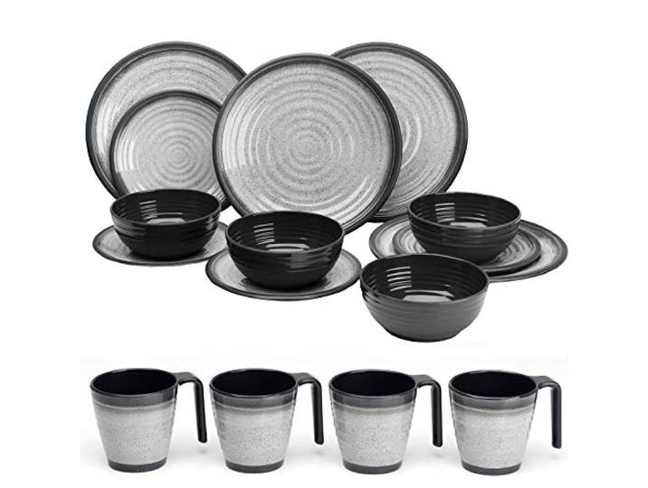 Melamin Geschirr Set 4 Personen Grau Granit-Optik 16 Teile Outdoor Camping
