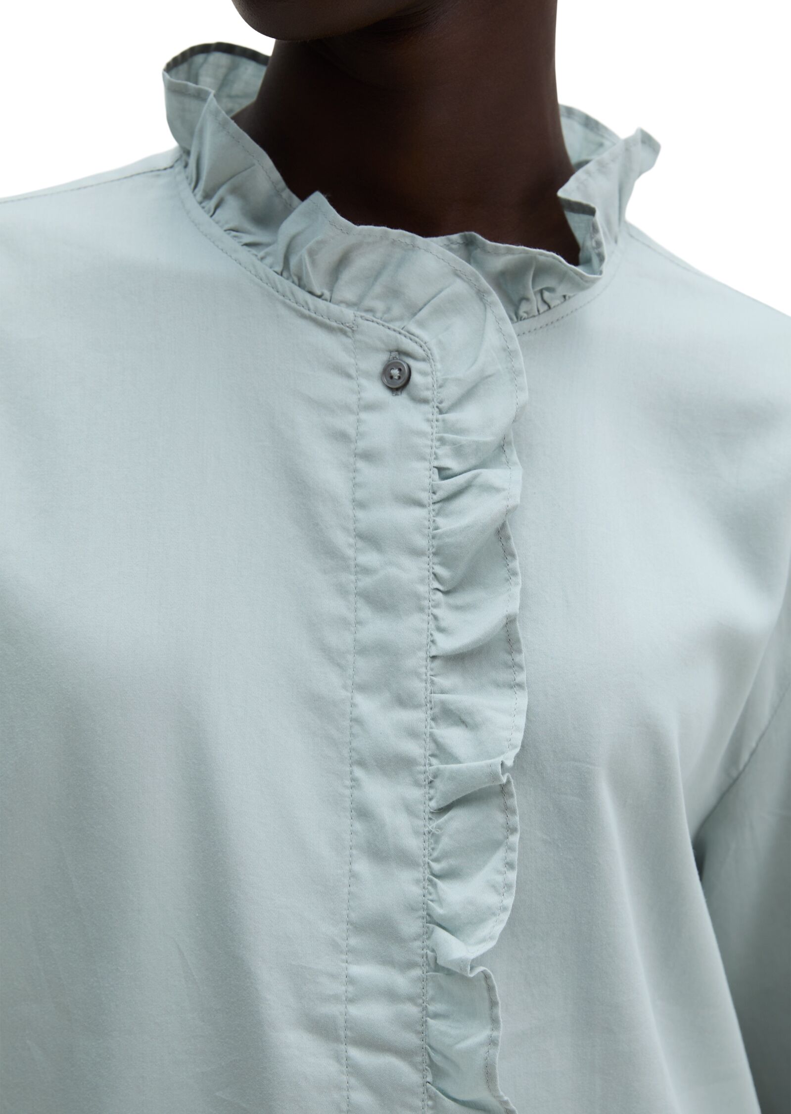 Marc O' Polo Rüschenbluse MARC O'POLO, Damen, Gr. 44, grün (glacial blau), Web, Obermaterial: 100% Baumwolle, regular fit normal, 1-Knopf-Manschette, Blusen Rüschenbluse, relaxed aus weichem Baumwollsatin glacial blau 44