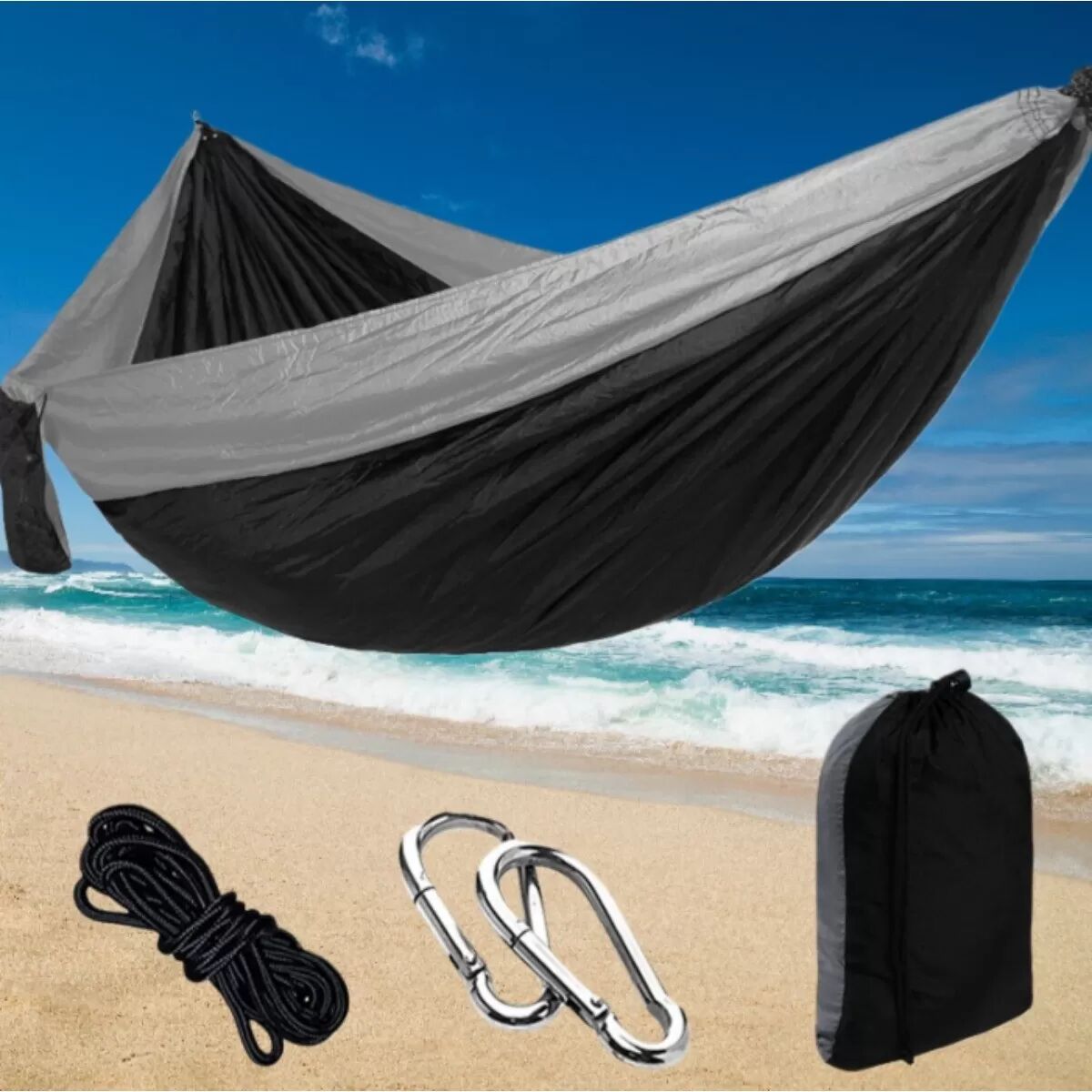 INF Tragbare Camping Hängematte Set 270x140 Grau & Schwarz - Leichtes Nylon Fallschirmgewebe