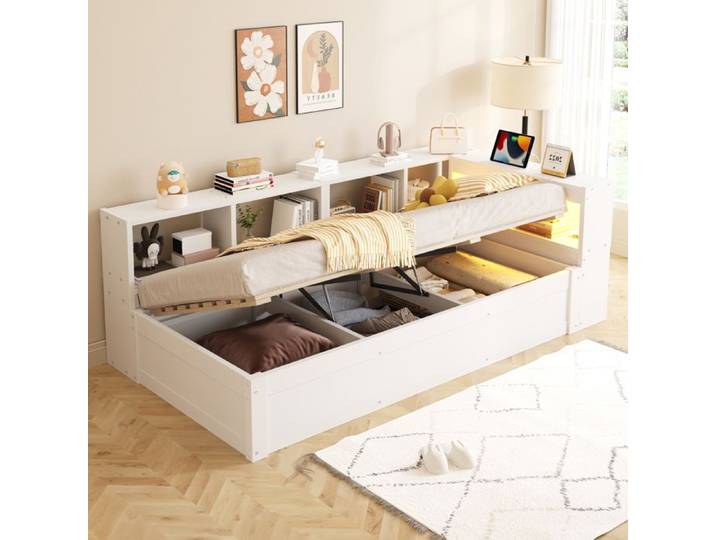 Canapé-lit 90 × 200 cm Avec éclairage LED Equipé d'une prise de courant en euros et de plusieurs bacs de rangement Blanc