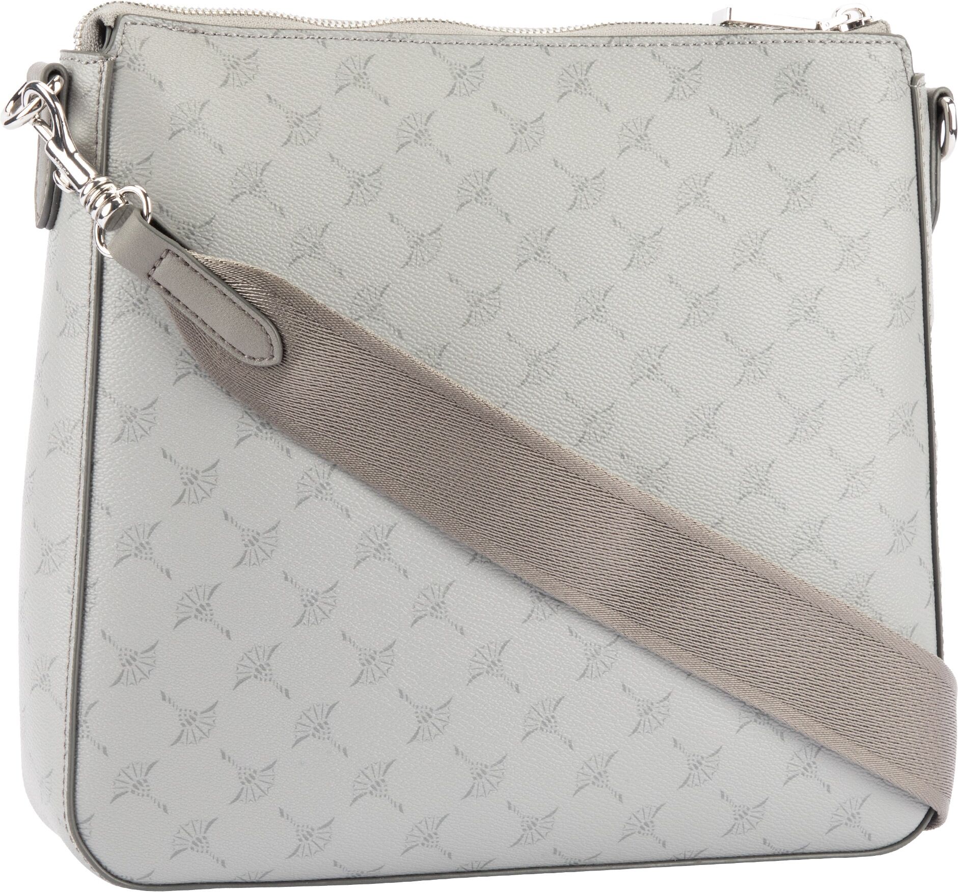 Joop! Umhängetasche JOOP "cortina 1.0 jasmina shoulderbag mvz", Damen, Gr. B/H/T: 25cm x 25cm x 6cm, frost grau, Lederimitat, Taschen Umhängetasche, Damen Schultertasche, mit typischem Musterdruck frost grau B/H/T: 25cm x 25cm x 6cm