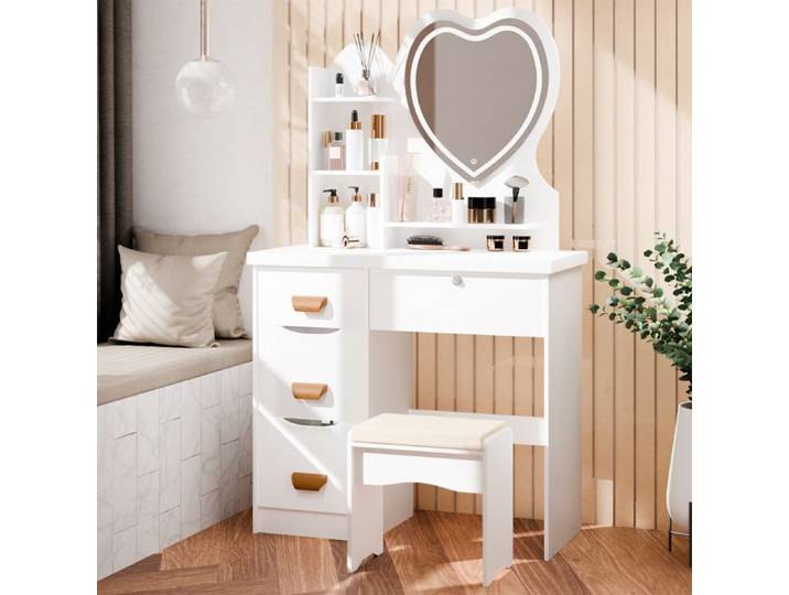 Coiffeuse avec miroir en forme de cœur éclairé par LED coiffeuse avec 4 tiroirs et étagères ouvrantes 1 tabouret
