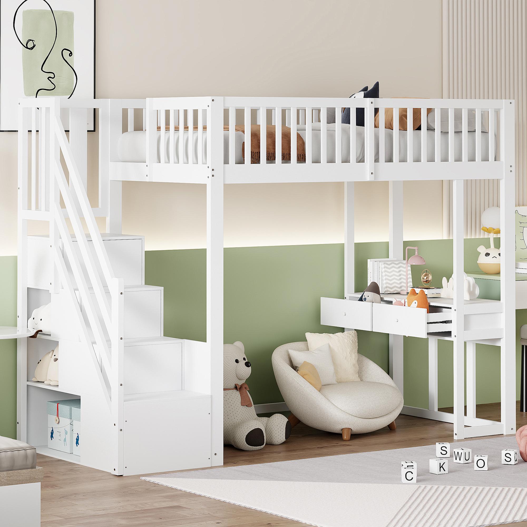 Merax Etagenbett Hochbett 90x200 mit Tisch aus Kiefernholz, Kinderbett mit Aufbewahrungstreppe und Stauraum, Kindermöbel, multifunktional, platzsparend, Weiß
