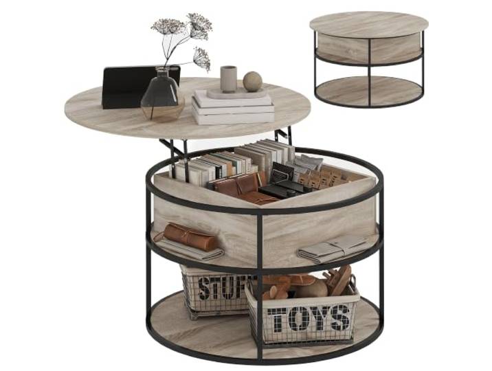 HOMCOM Couchtisch Rund Höhenverstellbar mit Ablagefläche Ø80 cm Eiche Hebeplatte, Versteckter Stauraum, Wohnzimmertisch, Kaffeetisch, Beistelltisch, für Wohnzimmer