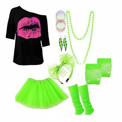 Damen 80er Kostüme Outfit 1980er T-Shirts Accessoires Set T-Shirt Tutu Rock Ohrringe Halskette Armbänder Netzhandschuhe Stulpen Stirnband 8-tlg Schlager Outfit