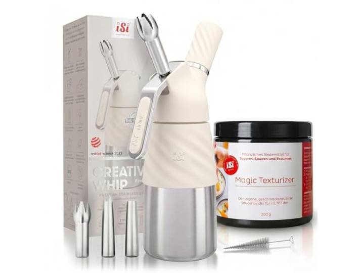 iSi Creative Whip Premium Sahnespender 250ml, Ivory White, aus Edelstahl, inkl. 3 Edelstahltüllen & Magic Texturizer, Sahnespender für Sahne, Dessert & Herzhaftes, Spülmaschinenfest