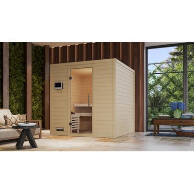 Sauna KARIBU "Menja", beige (naturbelassen), ohne Ofen, (ohne Ofen), Saunen, ohne Ofen