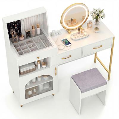 Costway Vanity Desk with Mirror & Lights with Ring Slots & Necklace Hooks for Makeup-White