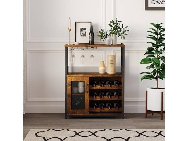GarveeLife Weinschrank Industrial Küchenschrank Barschrank Mit Verstellbarem Weinregal Und Glashalter Weinregal Mit Abnehmbarem Weinschrank Sideboard Buffetschrank Freistehend, 69x35x92Cm