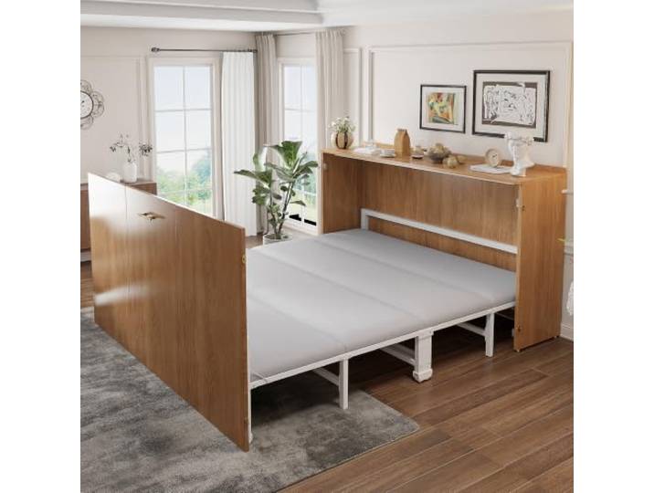 BXEYXE Klappbett 140 x 200 cm, Ausziehbarer Schrankbettrahmen mit Leinenmatratze, Platzsparendes Gästebett mit Metallgestell und Leisen Rollen