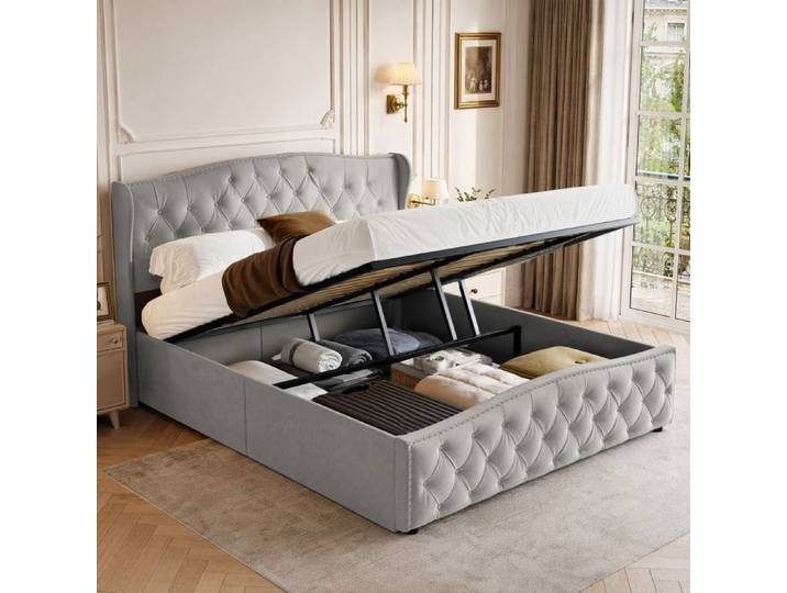 Lit double 140x200 avec sommier Lit coffre 140x200 avec rangement Tête de lit capitonnée style minimaliste 2 Personnes Velours Gris