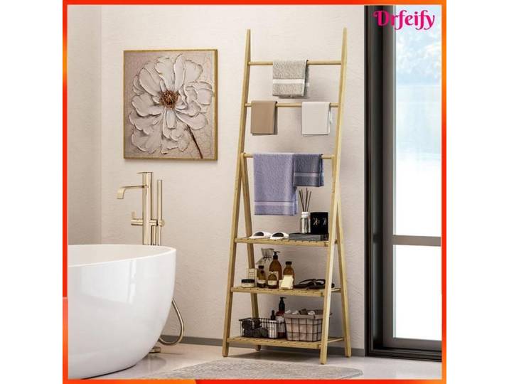 Étagère salle de bain - AKOZON - 10202 - Pliable - Bambou verni - 3 niveaux avec porte-serviettes