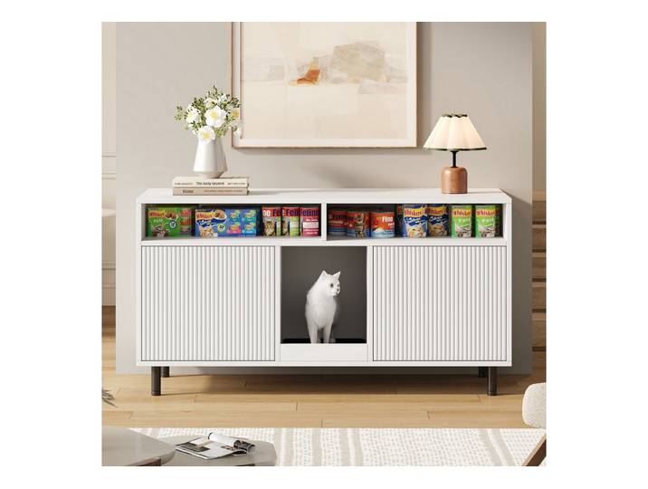 Celya Sideboard Katzentoiletten-Schrank/Katzenstreuwanne-Schrank mit Sandauffangmatte (ohne Katzenstreuwanne, 120x50x66cm, Weiß), Haustier-Schrank mit Ablage, Haustier-Sideboard/TV-Schrank