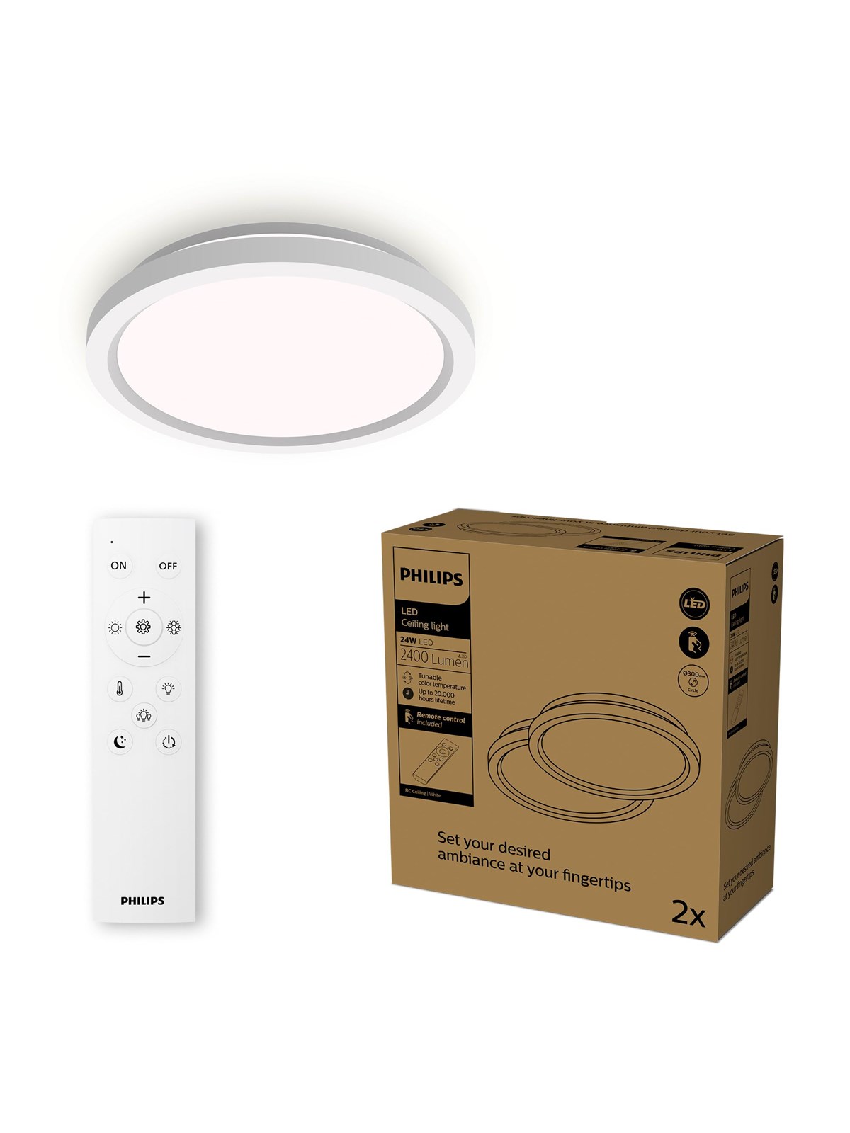 Philips AIO Ceiling Light with Remote (Round White) - 24W Integrated LED Lamp with 3 step dimming 2-pack