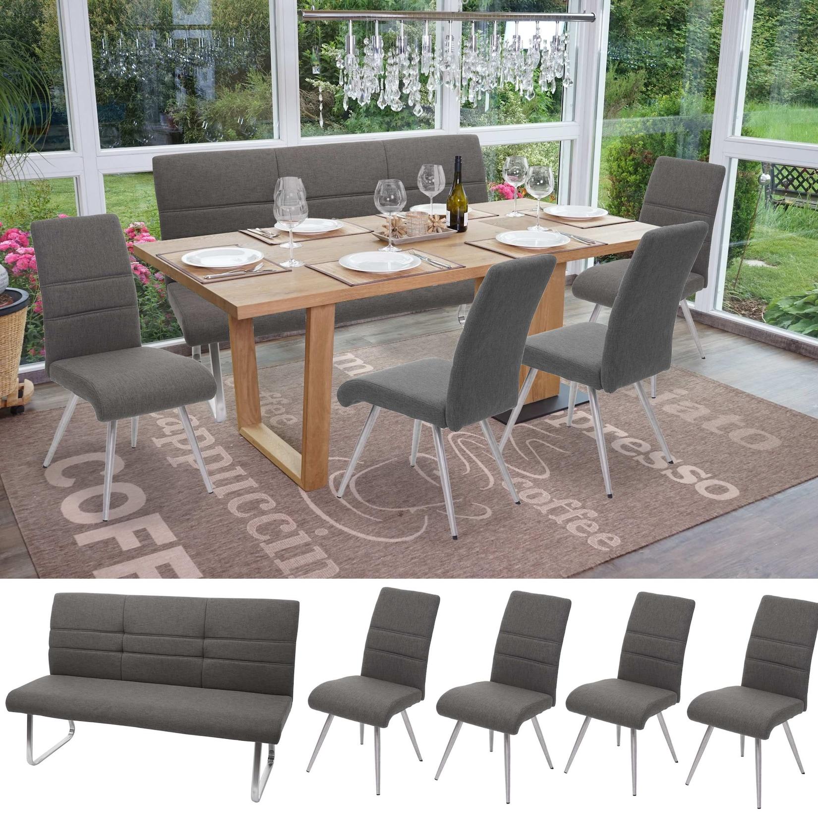 Set 4x Esszimmerstuhl+Sitzbank MCW-G55, Bank Küchenstuhl Stuhl, Stoff/Textil Edelstahl ~ grau-braun Bank 160cm