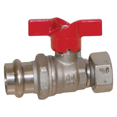 Pettinaroli Tee beschichteter Presskugelhahn 22x3/4" Press/Überlauf mit rotem T-Griff. V+M Schalen (P102/4R 3/4"X22MM)