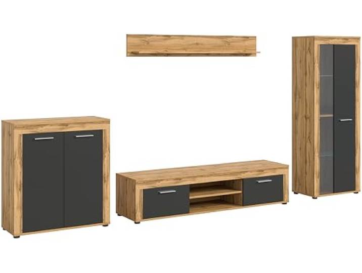 xonox.home - 4tlg. Kombination Jam 35x330x159 cm in Front grau Nb Korpus/Absetzung Wotan Eiche Nb - Wohnkombination Wohnwand Wohnzimmermöbel Wohnzimmerschrank - modern und funktional