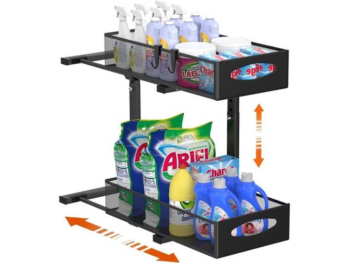 Rangement sous Évier en Métal 2 Niveaux Étagère sous Évier Coulissant de Cuisine avec Hauteur Réglable Organisateur sous Évier