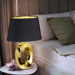 Nachttischleuchte gold Tischlampe Wohnzimmer Textil Leseleuchte schwarz, Keramik, 1x E14, DxH 23x33 cm