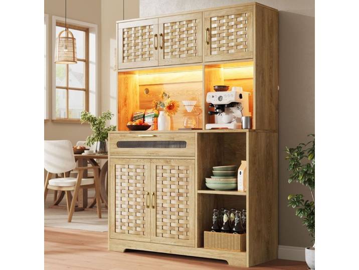 Vitrine - SOGEU - 120x40x180 cm - Tiroirs intégrés - Portes MDF tissées - LED intégrées