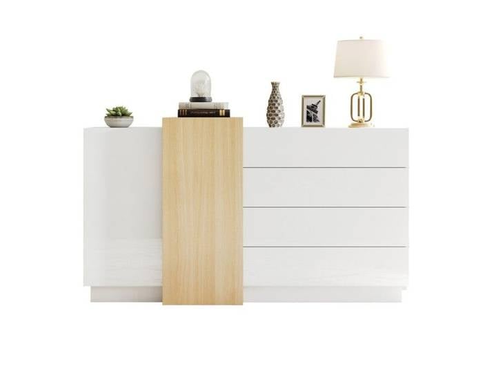 Buffet Lumineux Blanc 140x35x81cm - Armoire Bois Grainé - Rangement Intégré Moderne - Minimaliste Salle à Manger