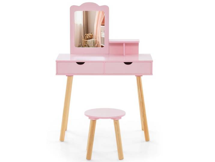 COSTWAY Coiffeuse avec Tabouret Enfants 3-7 Ans Miroir Rectangulaire Amovible 1 Peigne 2 Grands Tiroirs en Bois Rose