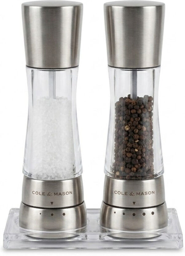 Cole & Mason Brand No Power Source Required / Manual Salt & Pepper Mill Set Silver 19cm H X 6cm W