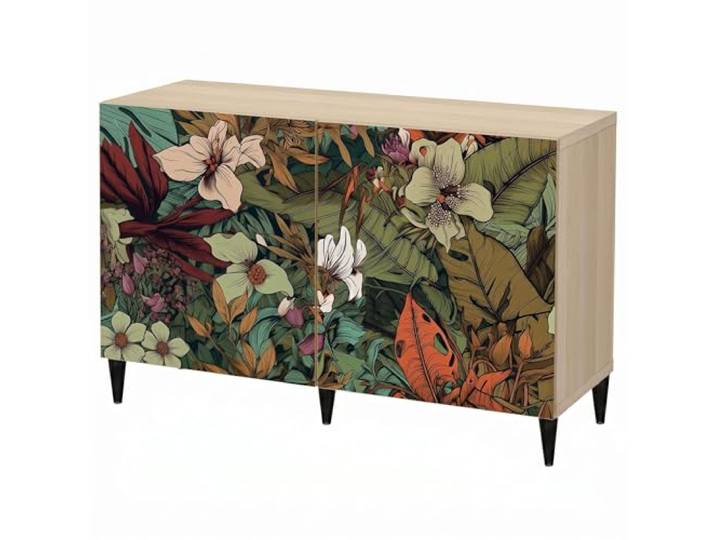 LUMASOUL Kommode mit Türen mit Motiv - 120x75 cm Design Sideboard für Wohnzimmer & Schlafzimmer - Dekorative Kommode Flur aus MDF - Weiß/Schwarz/Braun Korpus - Eklektische Blumen