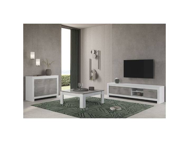 DENAE - Ensemble Salon Blanc et Gris Marbré Meuble TV + Buffet 2 Portes + Table Basse Carrée