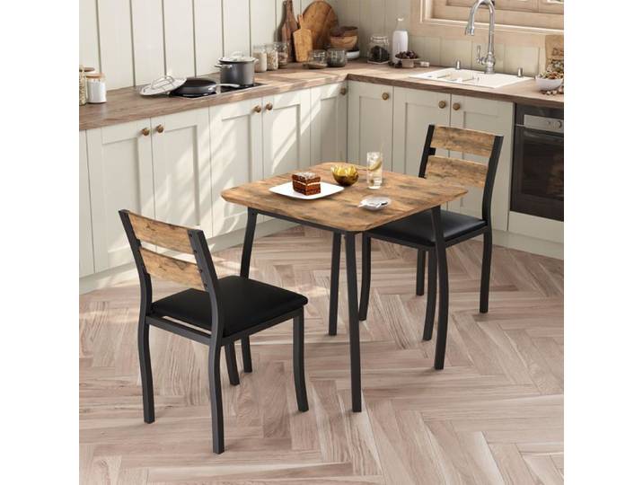 Ensemble table à manger rétro - LUNSY - 73 7x73 7x76 cm - Marron - 1 table et 2 chaises - Style grange - Pieds galbés